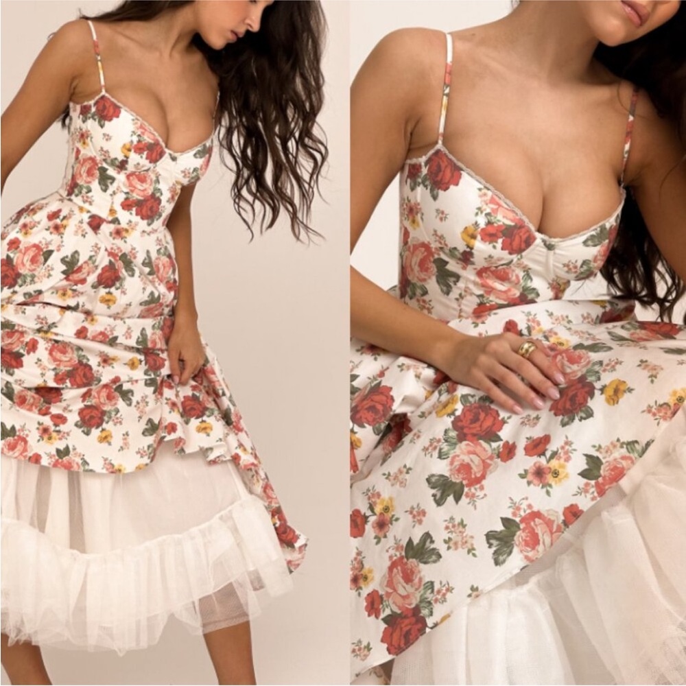 NWOT HOUSE OF CB Mademoiselle Italian Rose Print Tulle Midi Dress